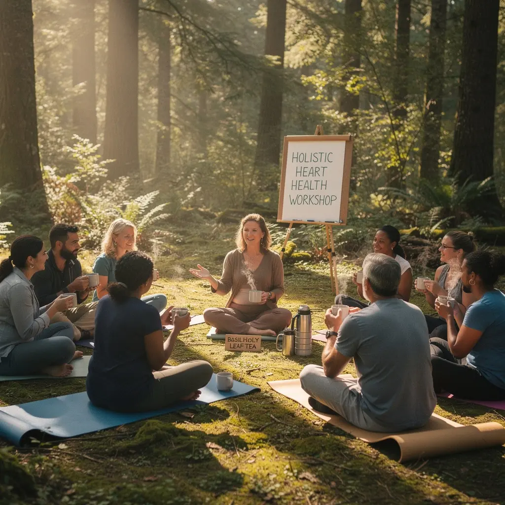 Šventojo baziliko arbatos puodelis, išsiskiriantis aromatingomis žolelėmis ir natūraliu grožiu.