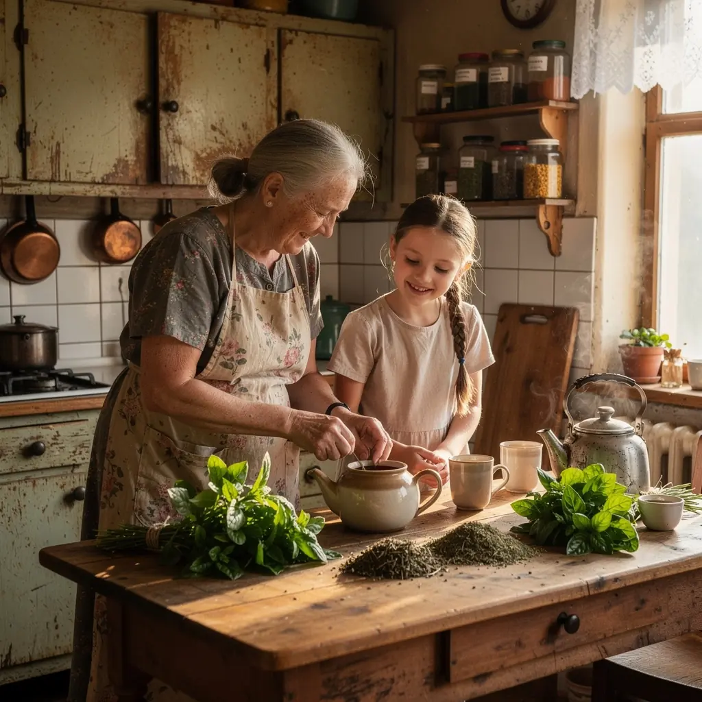 Žolelių arbatos gaminimo procesas, kuriame matyti natūralūs ingredientai ir puodelis šviežios arbatos.