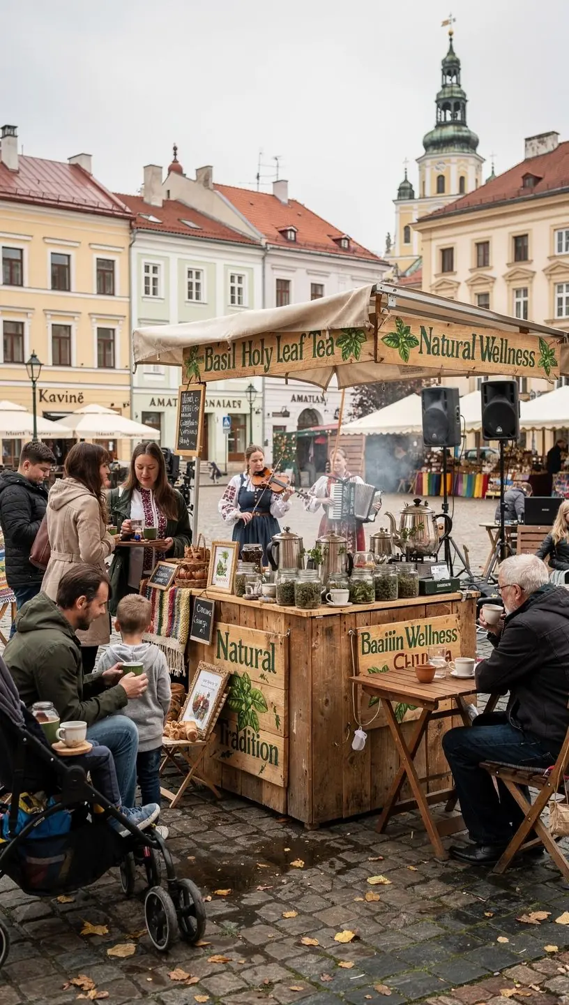 Arbatos puodelis su garuojančia šventojo baziliko arbata.