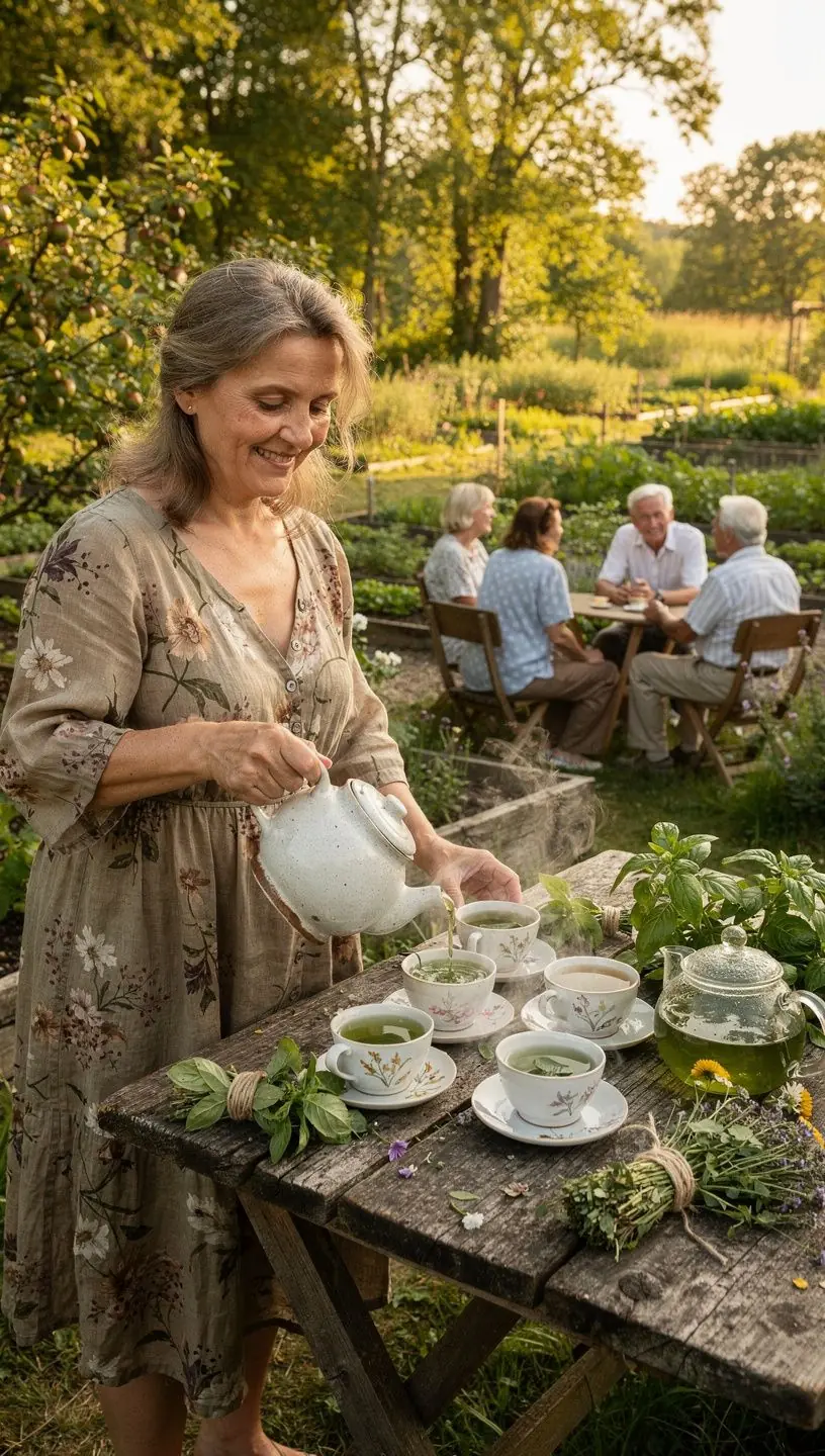 Šventojo baziliko arbatos puodelis su šviežiais lapeliais fone.